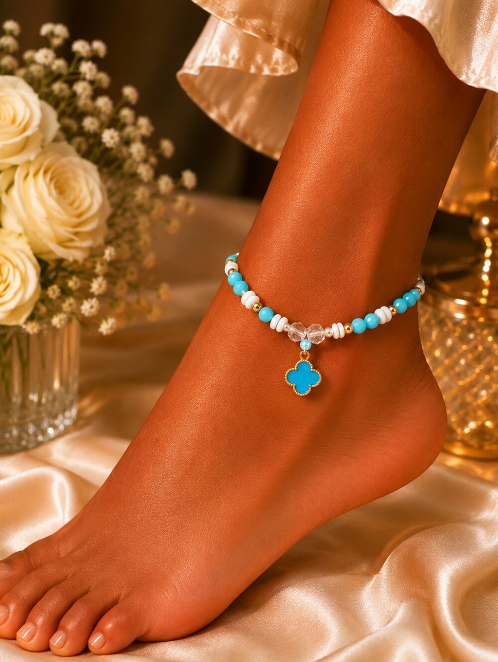 Pastel Beaded Clover Charm Anklet | Boho Beach Anklet
